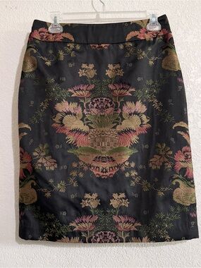 Cabi Black Brocade lotus blossom,pink,green,black Pencil Skirt intricate detail